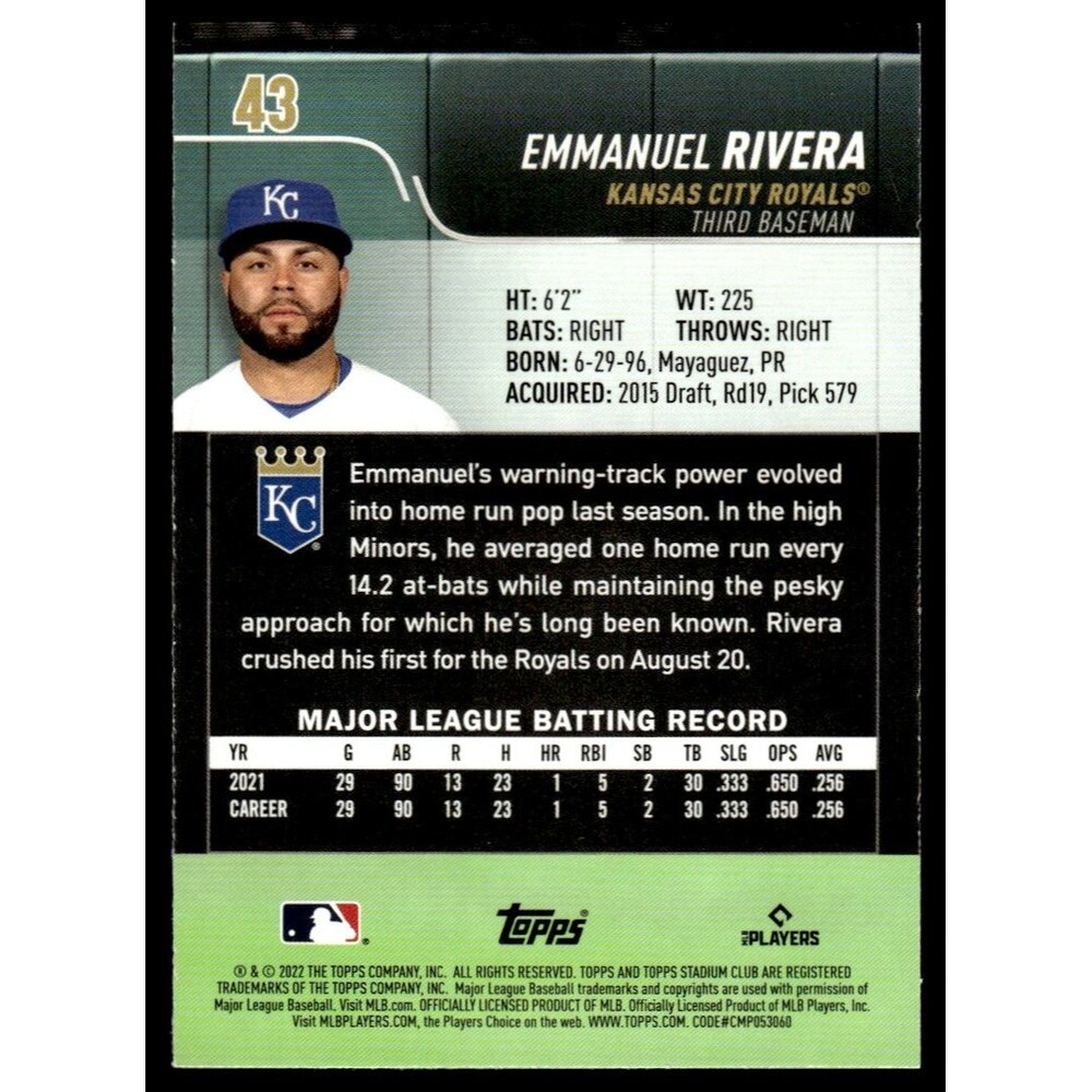 2022 Stadium Club Emmanuel Rivera RC Kansas City Royals #43 - Picture 2 of 2